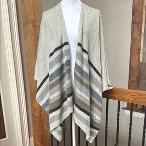 Open front cardigan wrap poncho gray stripe cream blue olive